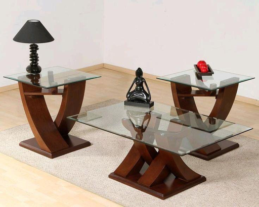 طقم طاولات امواج خشب زجاج 3 قطع